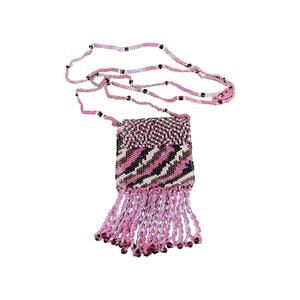 Vintage Beaded Amulet Pouch Necklace, 90s Peyote Stitch Pink Medicine Bag